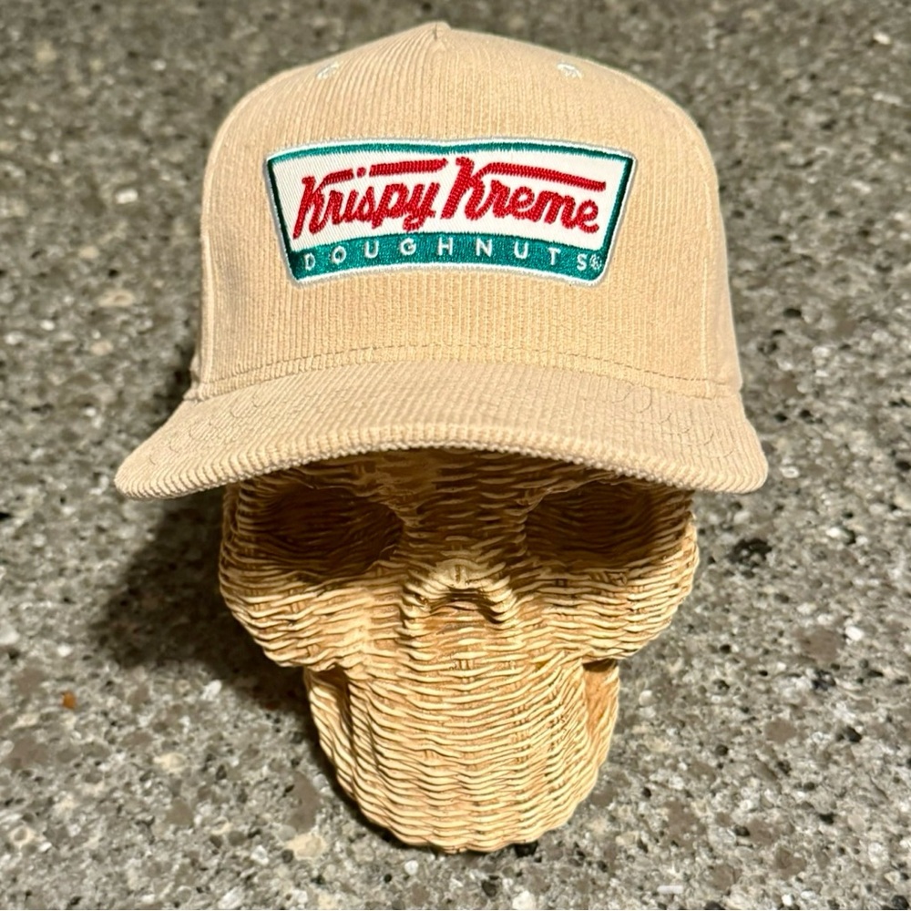 Krispy Kreme Corduroy Tan hat with adjustable SnapBack closure-